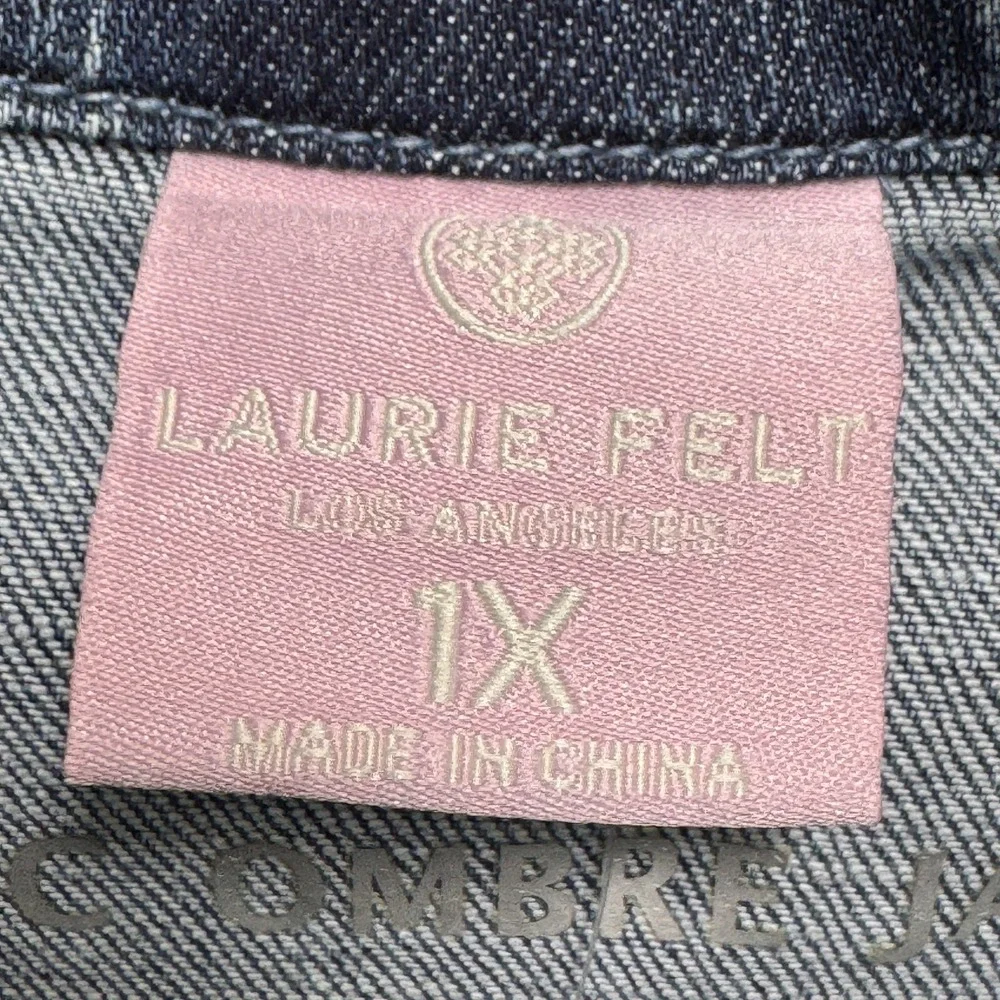 Laurie Felt Jacket‎ Womens 1X Blue Ombre Denim Button Front Raw Hem Stretch Plus